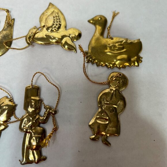 Brass Christmas Ornaments Set Of 12 Folk-Inspired Designs With Gold String Hange - Picture 2 of 6